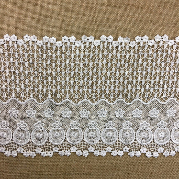 Wide Trim Lace Venise Daisy Rain Wave Design, 13" Wide, White, Multi-Use Garment Top Skirt Bridal Veil Table Runner Decorations Costumes Crafts