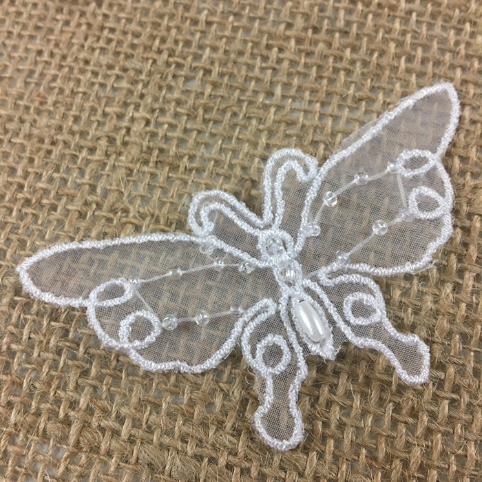 Butterfly Applique Embroidered Hand Beaded on Organza, 1.5x3", White, Multi Use Garments Tops Decoration Craft Costume Veil Scrapbook Invitations