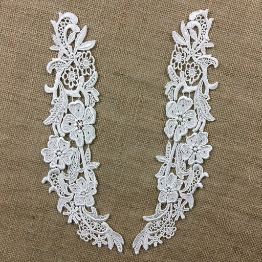 Lace Applique Pair Venise Full Floral Design Embroidered, 12" long, Ivory, Multi-use ex. Garments Bridals Tops Crafts DIY Sewing Scrapbooks