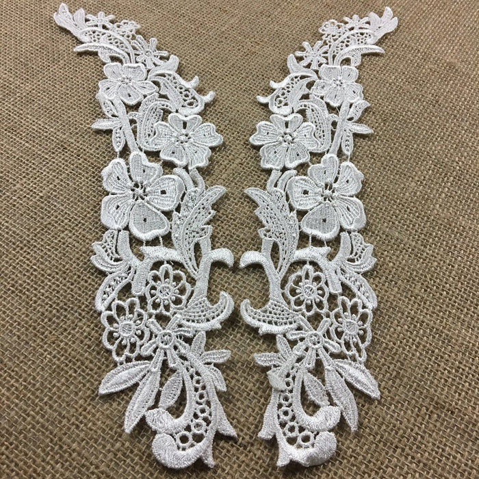 Lace Applique Pair Venise Full Floral Design Embroidered, 12" long, Ivory, Multi-use ex. Garments Bridals Tops Crafts DIY Sewing Scrapbooks