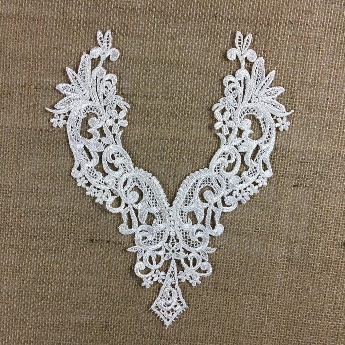 Lace Applique Piece Diamond V-Neck Embroidery Venise Yoke Neckpiece, 7"x10", Choose Color. Multi-Use Garments Bridal Tops Costumes Crafts