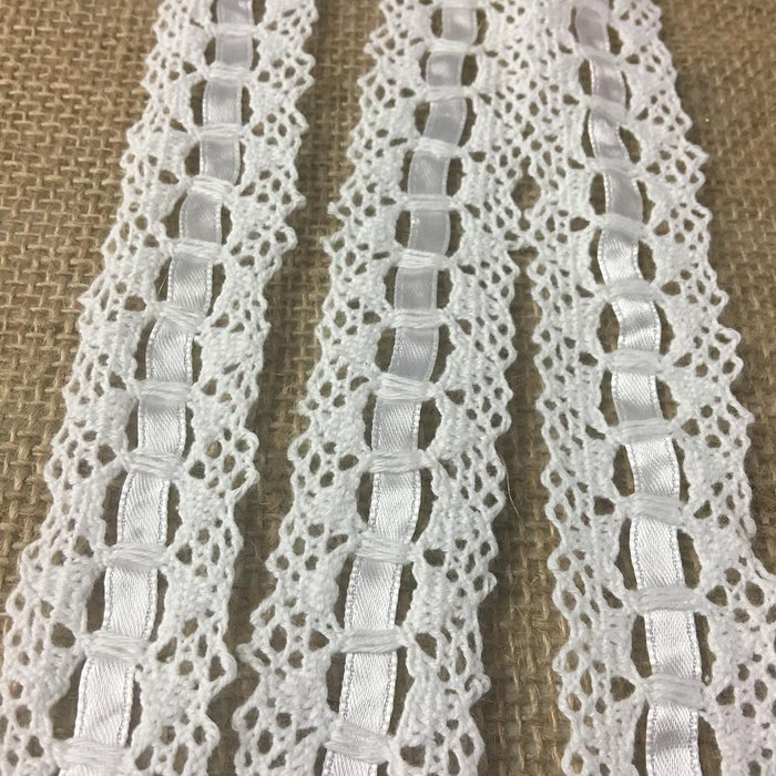 Cluny Trim Lace Satin Ribbon, White 1.25" 100% Cotton Cluny Lace with Satin Ribbon Threaded Through the Lace Slots. Multi-Use ex: Garments Crafts Costumes.