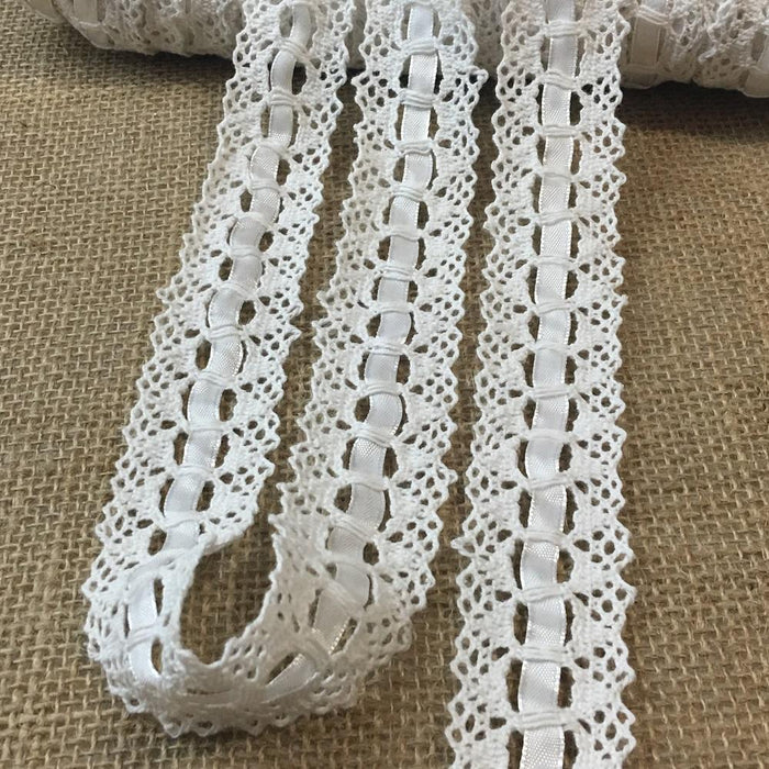 Cluny Trim Lace Satin Ribbon, White 1.25" 100% Cotton Cluny Lace with Satin Ribbon Threaded Through the Lace Slots. Multi-Use ex: Garments Crafts Costumes.