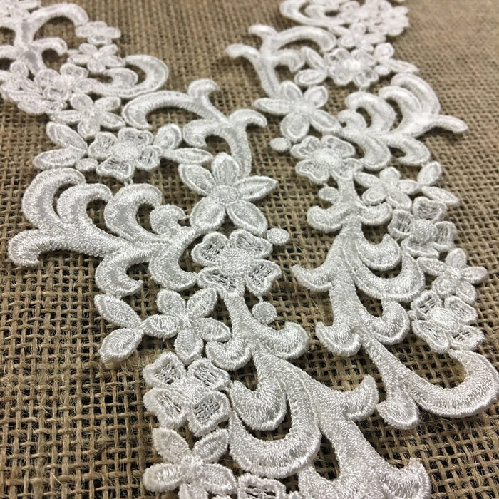 Lace Applique Pair Venise Elegant Curls Design Embroidered, 10" long, Ivory. Multi-use ex. Garments Bridals Tops Crafts DIY Sewing Scrapbooks