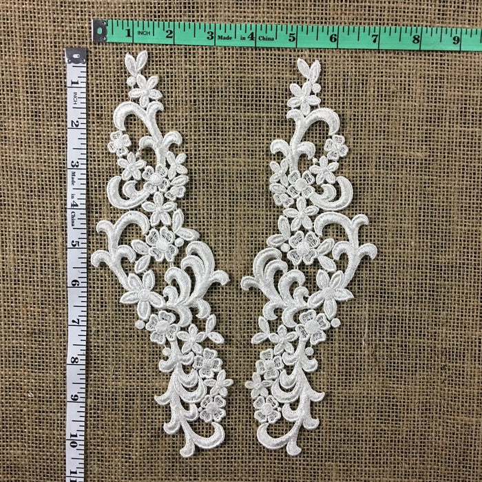 Lace Applique Pair Venise Elegant Curls Design Embroidered, 10" long, Ivory. Multi-use ex. Garments Bridals Tops Crafts DIY Sewing Scrapbooks