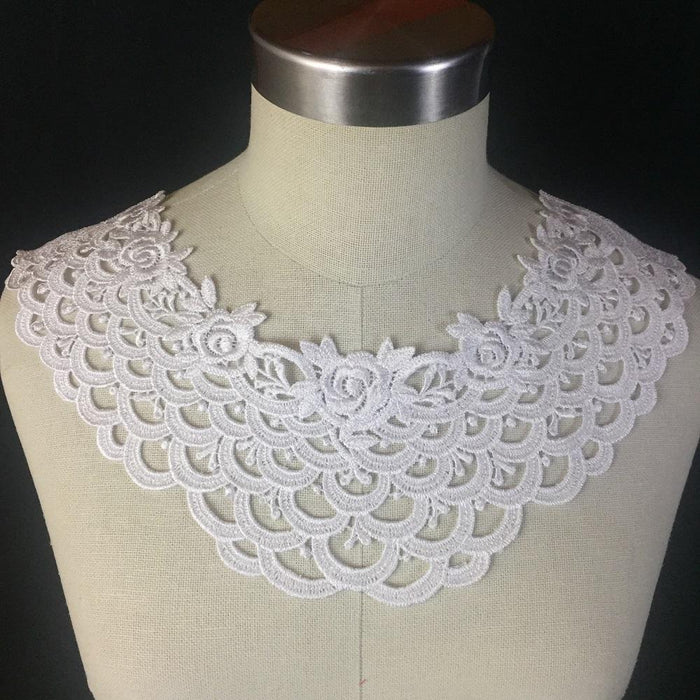 Lace Applique Neckpiece Yoke Embroidery Collar Motif, 8"x14", White. Multi-Use ex: Garments Tops Wedding Costume DIY Sewing Arts and Crafts