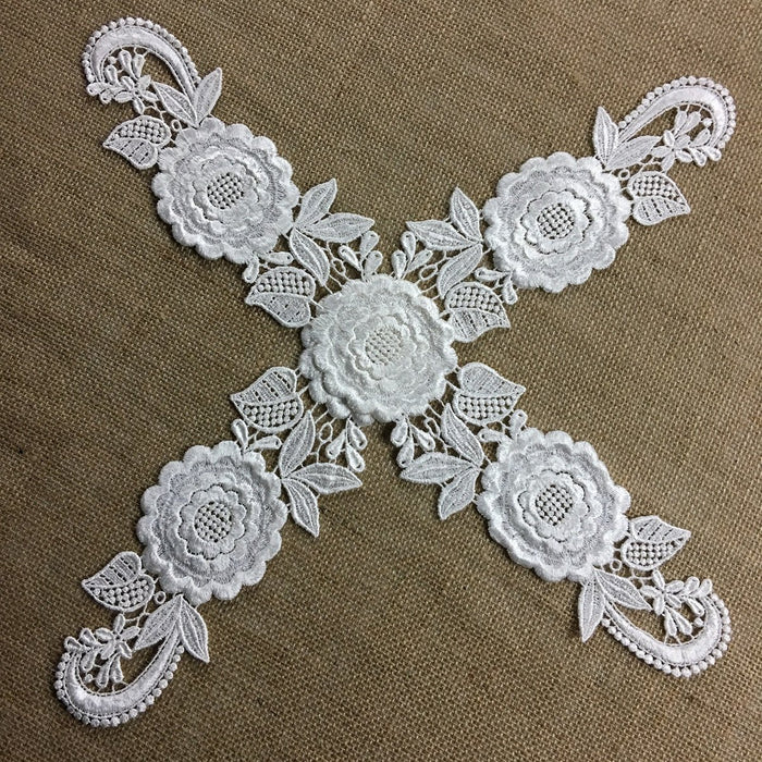 Applique Pair Lace Venise Quality Rayon Floral Embroidery 19" Long, Use Whole or Cut into Parts, Off White, Many Uses: Garments Costumes DIY Sewing Crafts