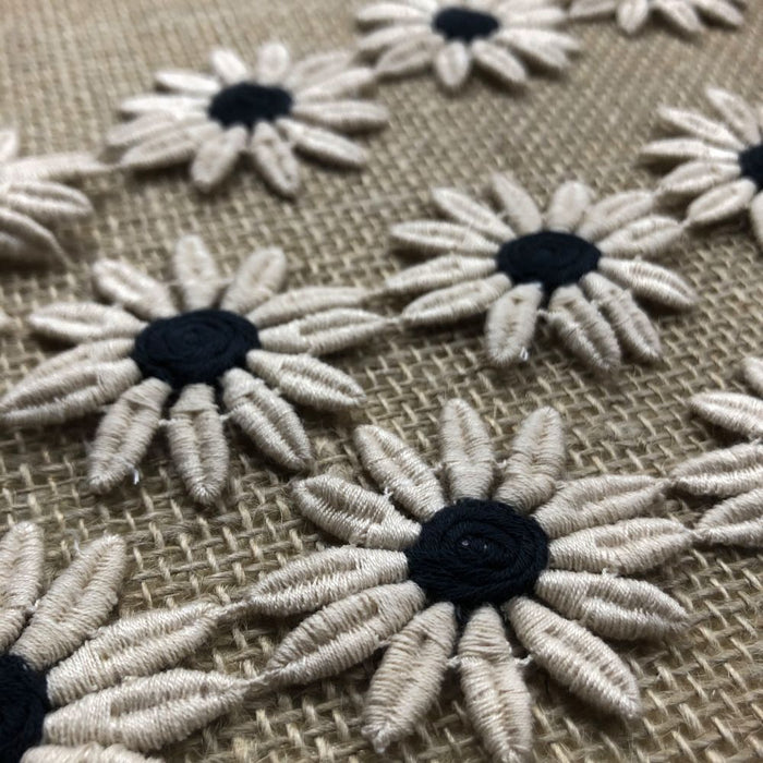 2-Color Trim Lace, Tan and Black Daisy Flowers, 2" Wide, Vintage Symmetrical Double Border Bridal Wedding Waistband Decoration Crafts Costumes