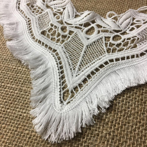 Lace Applique Yoke Brush Fringe Embroidery Neckpiece Collar Motif, 11" Long, Soft White. Multi-Use ex: Garments Tops Costumes DIY Sewing