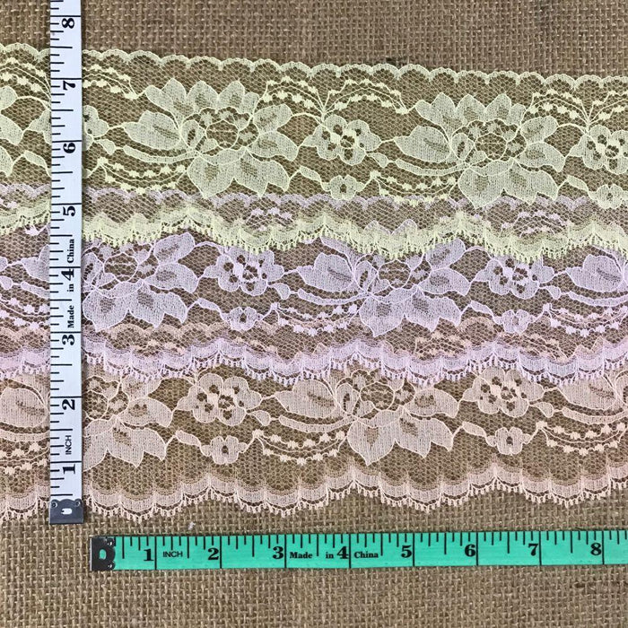 Raschel Trim Lace 3" Wide, pack of 5 Yards each of 3 colors: Pink, Peach, Yellow, Floral Design Poly Lace Multi-Use: Garments Decorations Crafts