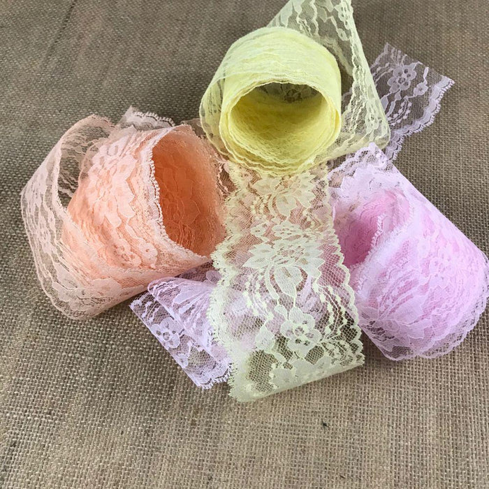 Raschel Trim Lace 3" Wide, pack of 5 Yards each of 3 colors: Pink, Peach, Yellow, Floral Design Poly Lace Multi-Use: Garments Decorations Crafts