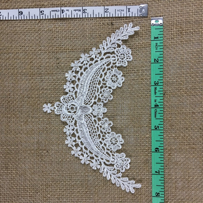 Lace Applique Piece Beaded Motif Embroidery Venise Patch Neckpiece, 4"x8", White. Multi-use Garments DIY Sewing Tops Costumes Decoration