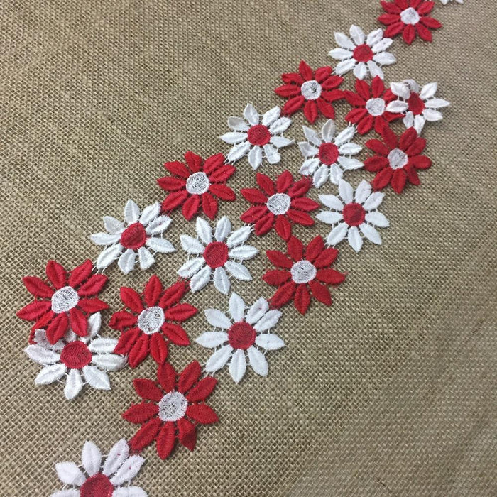 2-Color Trim Lace, Red and White Daisy Flowers, 2" Wide, Vintage Symmetrical Double Border Bridal Wedding Waistband Decoration Crafts Costumes