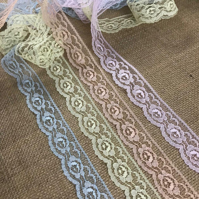 Raschel Trim Lace 1.25" Wide, pack of 10 Yards each of 4 colors: Light Blue, Pink, Peach, Yellow, Floral Design Poly Lace Multi-Use: Garments Decorations Crafts