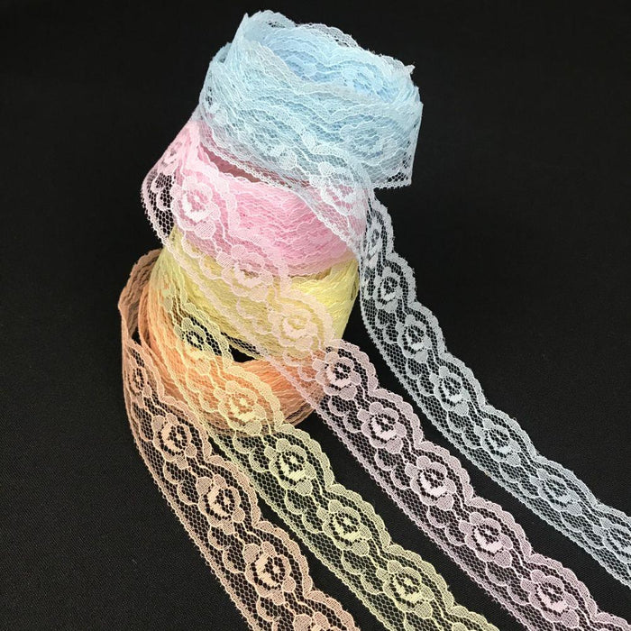 Raschel Trim Lace 1.25" Wide, pack of 10 Yards each of 4 colors: Light Blue, Pink, Peach, Yellow, Floral Design Poly Lace Multi-Use: Garments Decorations Crafts
