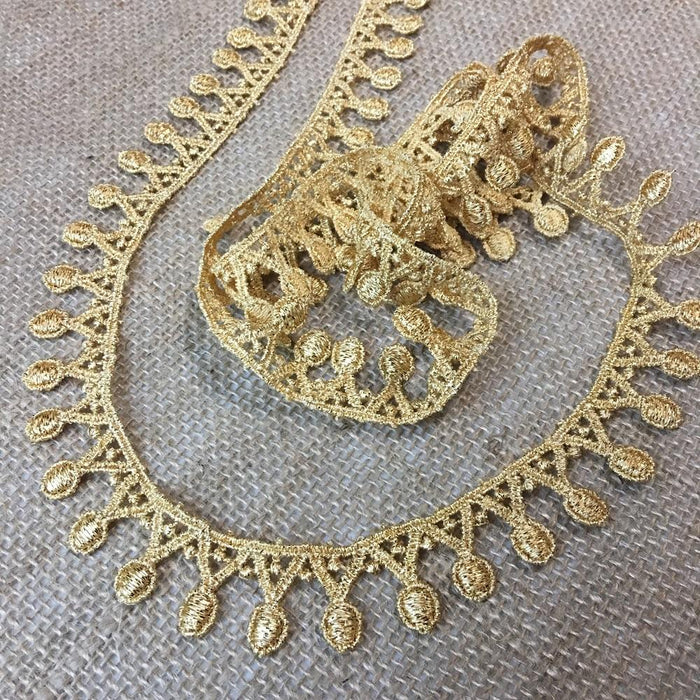 Gold Trim Lace Metallic Geometric Triangle Dot Medallion Necklace Design Venise, 1" Wide, Multi-Use Garments Arts Crafts Costumes Crowns