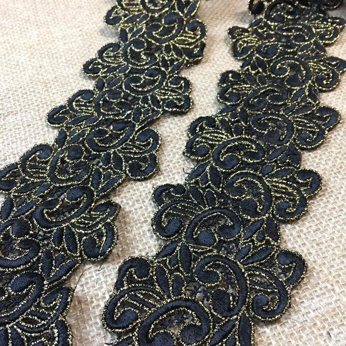 Gold & Black Trim Lace Happy Chappy Design, 2.75" Wide Double Border. Multi-Use Belt Sash Waistband Garments Crafts Veils Costumes Bridal