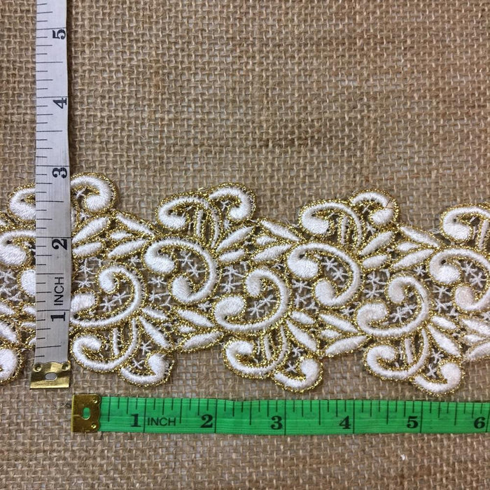 Gold & Ivory Trim Lace Happy Chappy Design, 2.75" Wide Double Border. Multi-Use Belt Sash Waistband Garments Crafts Veils Costumes Bridal