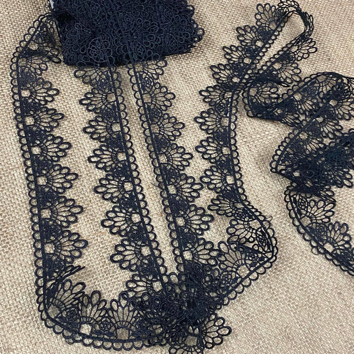 Venice Lace Trim Scalloped Dovetail Design, 1.5" Wide, Black, Multi-Use ex: Garments Decoration Arts Crafts Veils Costumes Edging