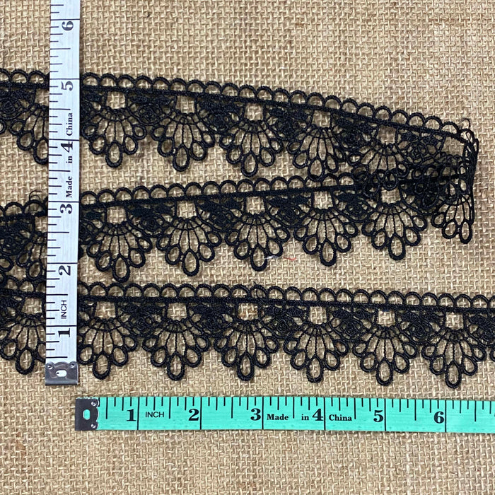 Venice Lace Trim Scalloped Dovetail Design, 1.5" Wide, Black, Multi-Use ex: Garments Decoration Arts Crafts Veils Costumes Edging
