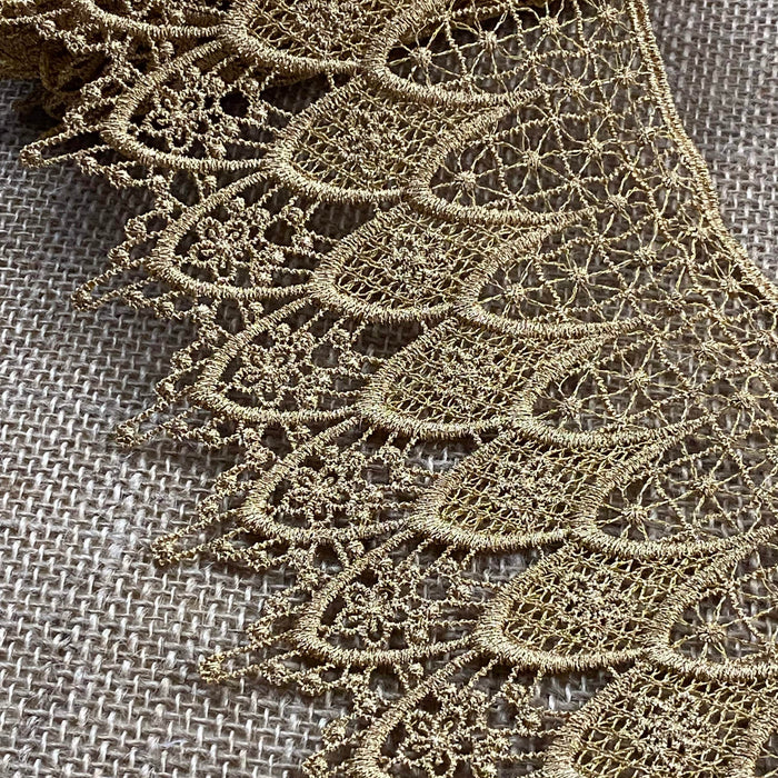 Gold Trim Lace Classic Drapes Design Venise, 4.5" Wide, Mixed Yarn Lightly Shiny, Multi-Use Garments Bridal Decoration Slip Extender Crafts