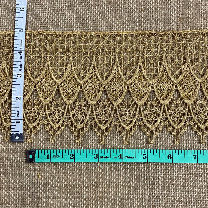 Gold Trim Lace Classic Drapes Design Venise, 4.5" Wide, Mixed Yarn Lightly Shiny, Multi-Use Garments Bridal Decoration Slip Extender Crafts