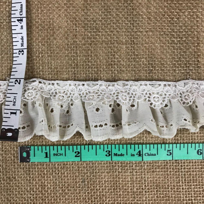 Ruffled Eyelet Venise Trim Lace, 2" Wide, Ivory, for Garment Decoration Curtain Towel Pillow etc.