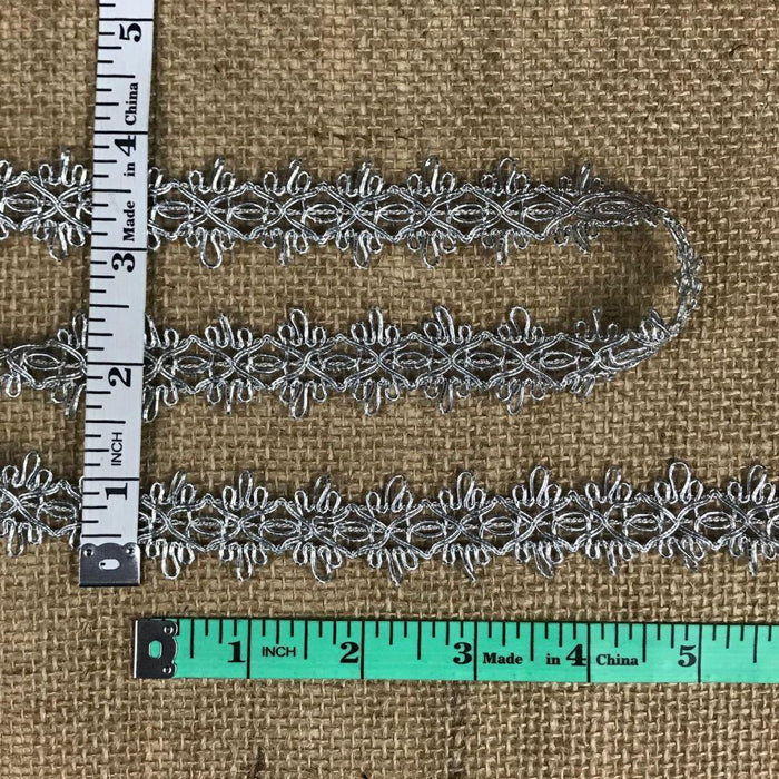 Braid Trim Silver Metallic Corded, 1" Wide Double Border. Use for Garments Costume Decoration Craft Scrapbooks Drapes DIY Sewing and more
