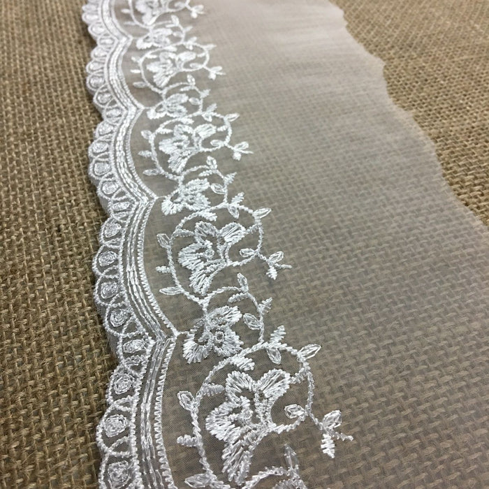 Lace Trim Scalloped Embroidered Sheer Organza, 2.5"-5" Wide, Garments Gowns Veils Bridal Communion Christening Costumes ⭐
