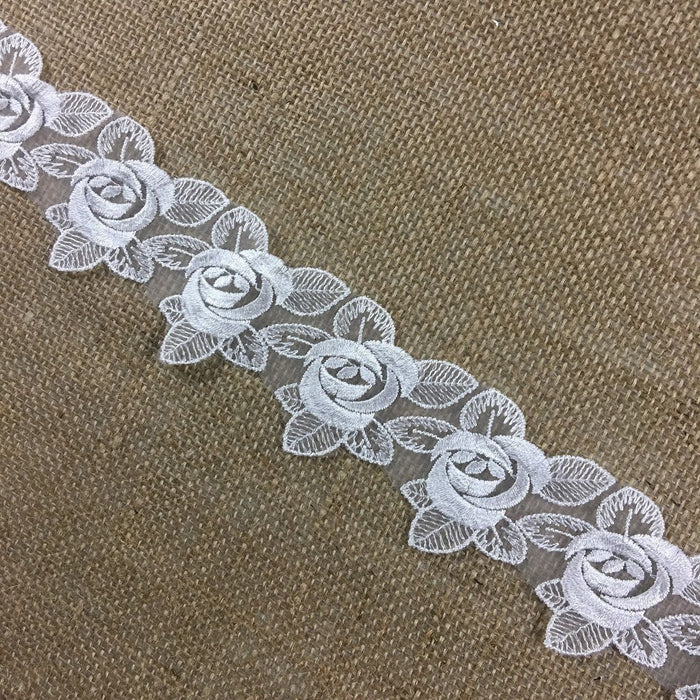 Lace Trim Rose Flower Embroidered Sheer Organza, 2.5" Wide, Choose Color, Multi-Use Garments Gowns Veils Bridal Communion Christening Costumes Decoration