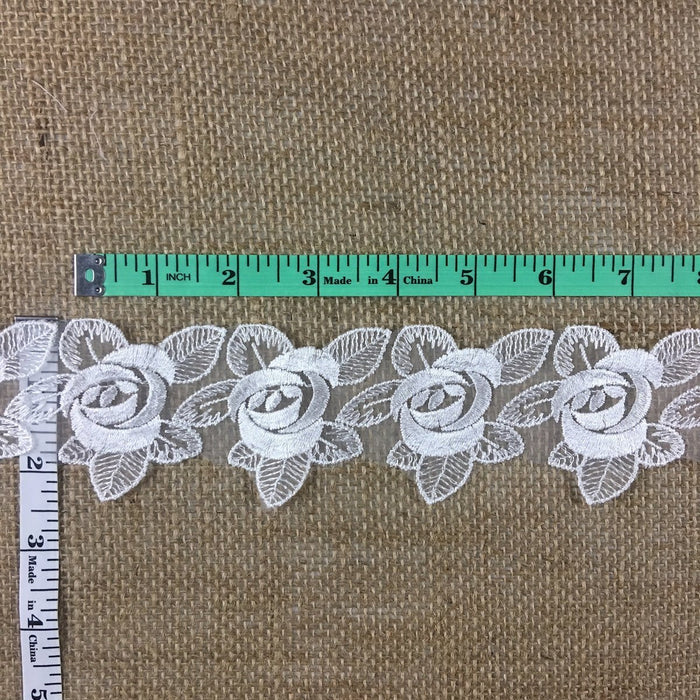 Lace Trim Rose Flower Embroidered Sheer Organza, 2.5" Wide, Garments Gowns Veils Bridal Communion Christening Costumes Decoration ⭐