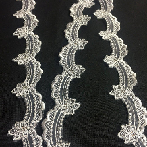 Embroidered Lace Trim, Corded, 2 Scallop Edges, 3 Flowers, 9 wide, Ivory