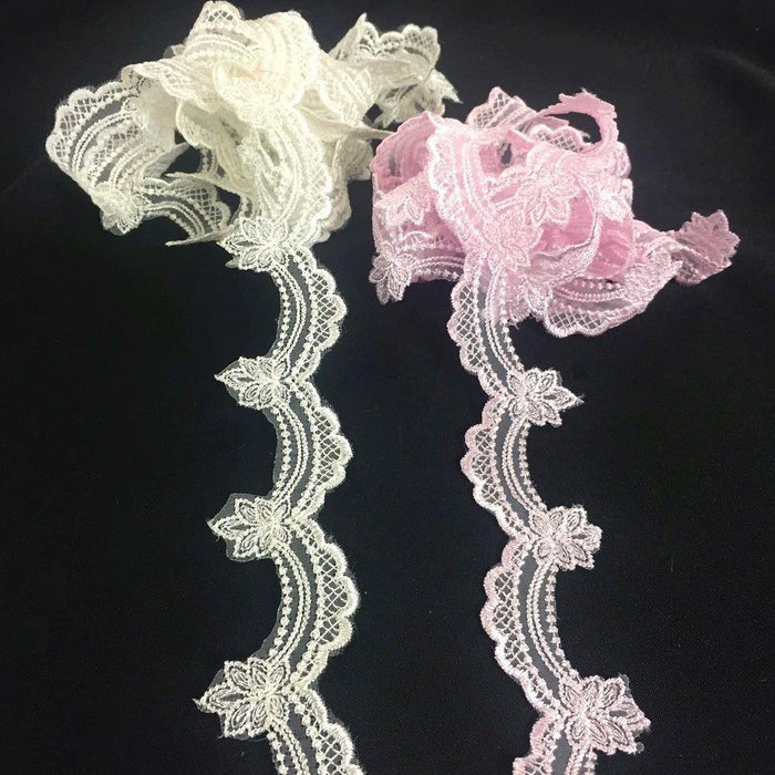 Scalloped Lace Trim Double Border Embroidered Sheer Organza, 1.5" Wide, Choose Color Ivory or Pink. Multi-Use Garments Gowns Veils Bridal Costume