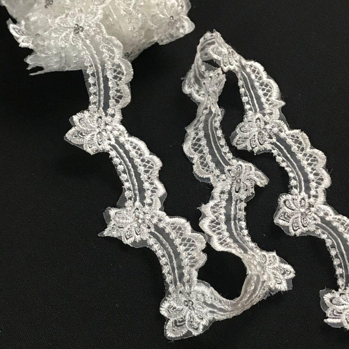 Scalloped Lace Trim silver sequins Embroidered Sheer Organza, 1.5" Wide, Choose Color. Multi-Use Garments Gowns Veils Bridal Costume Communion Christening Baptism