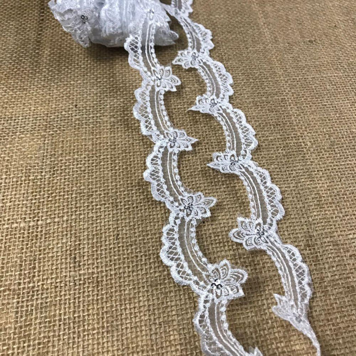 Scalloped Lace Trim silver sequins Embroidered Sheer Organza, 1.5" Wide, Choose Color. Multi-Use Garments Gowns Veils Bridal Costume Communion Christening Baptism