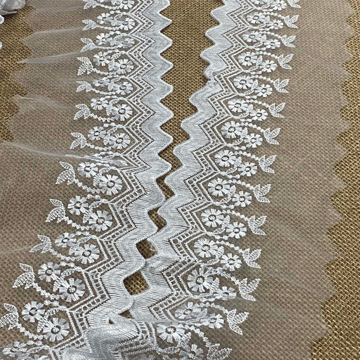 Lace Trim Scalloped Embroidered Sheer Organza, 2.5"-4" Wide, Choose Color, Multi-Use Garments Gowns Veils Bridal Communion Christening Costumes Curtains
