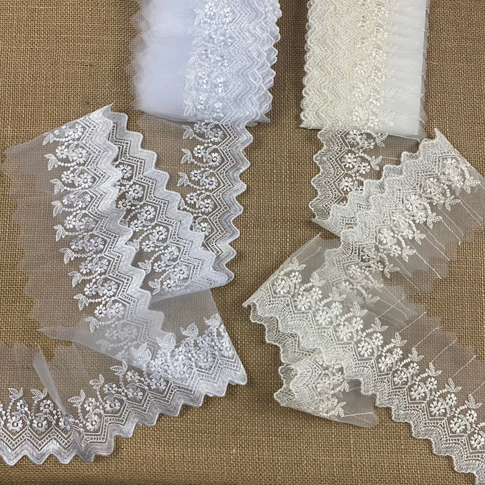 Lace Trim Scalloped Embroidered Sheer Organza, 2.5"-4" Wide, Choose Color, Multi-Use Garments Gowns Veils Bridal Communion Christening Costumes Curtains