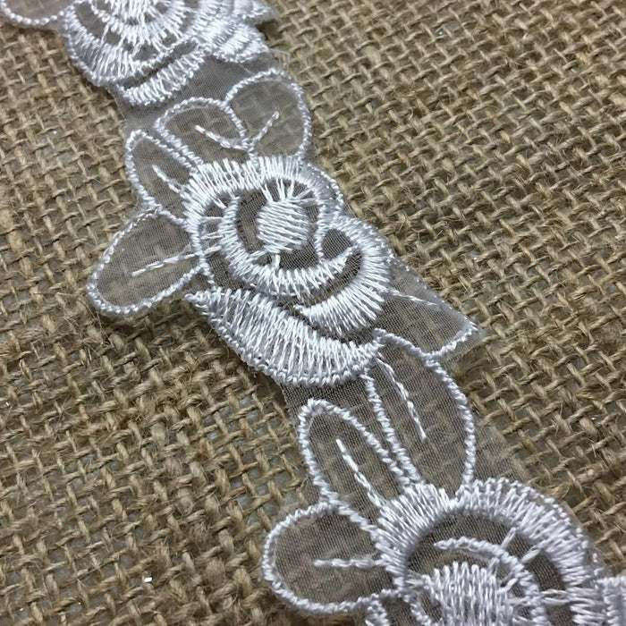 Lace Trim Rose Flower Embroidered Sheer Organza, 1.5" Wide, Choose Color, Multi-Use Garments Gowns Veils Bridal Communion Christening Costumes