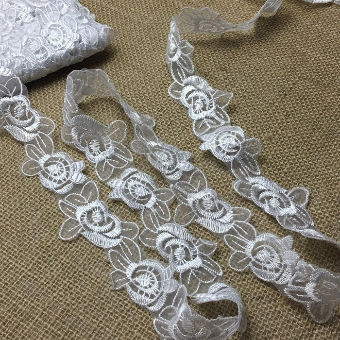 Lace Trim Rose Flower Embroidered Sheer Organza, 1.5" Wide, Choose Color, Multi-Use Garments Gowns Veils Bridal Communion Christening Costumes