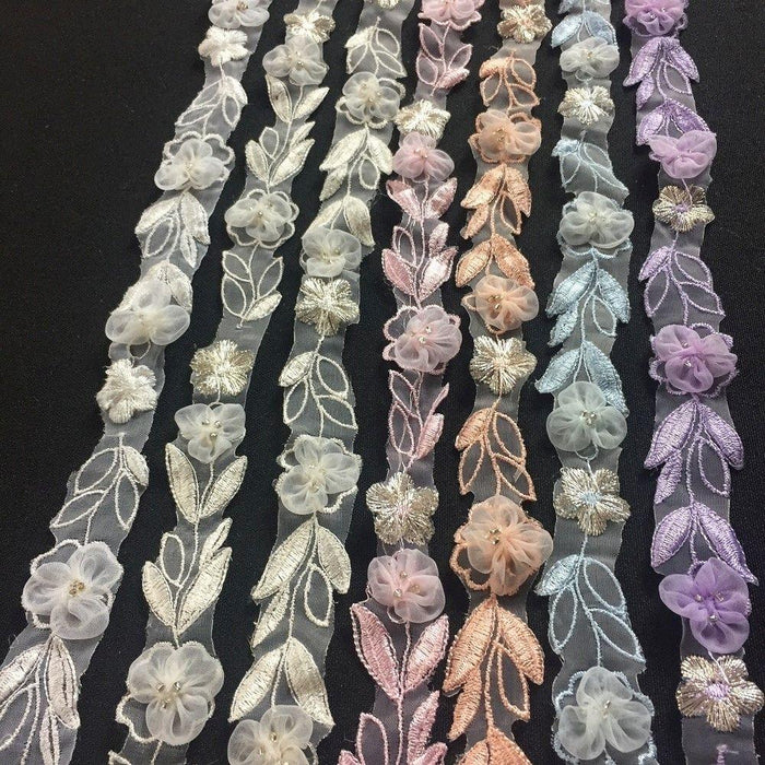 Lace Trim Puff Organza Flower Embroidered Sheer Organza, 1" Wide, Choose Color, Multi-Use Garments Costume Decoration Scrapbooks Invitations Gowns