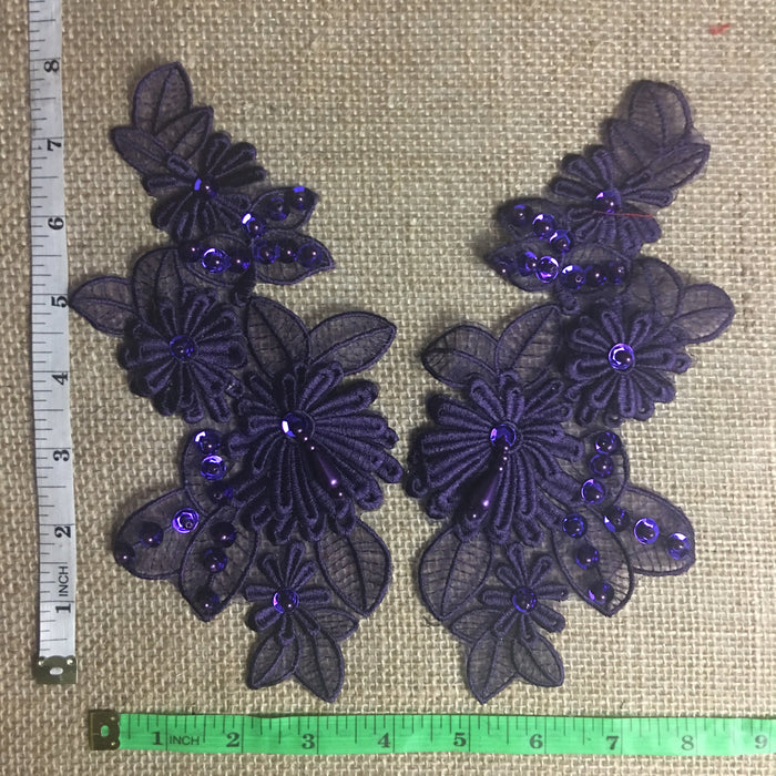 Beaded Applique Pair Embroidered Organza Fancy Layered Hand Beaded Sequined Mirror Image, Choose Color.Multi-Use Garments Evening-wear Costumes