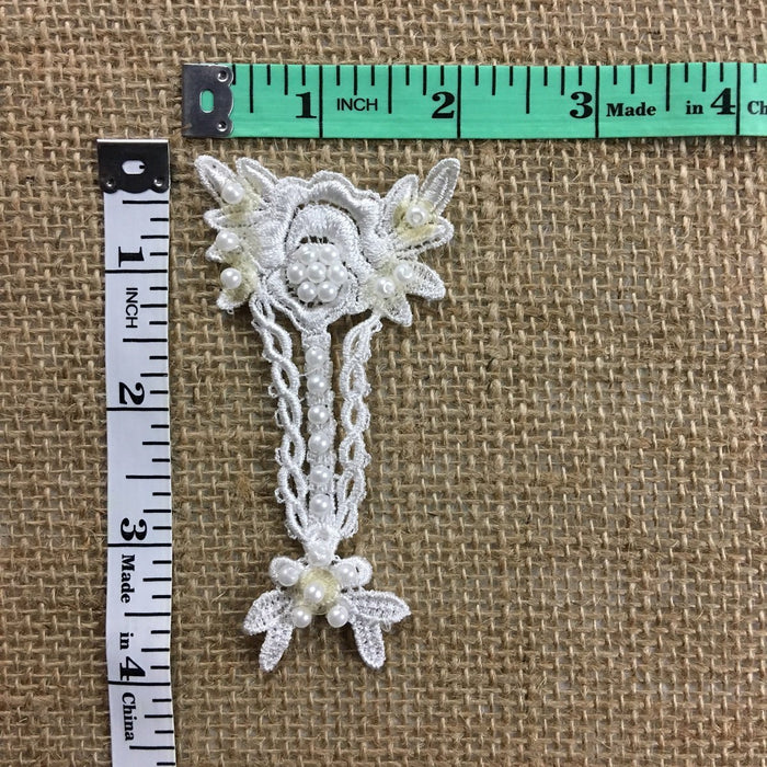 Lace Applique Piece Embroidered Beaded Angel Flower Venise, 2"x4", White, Garments Bridal Communion Christening Baptism Costume Scrapbook ⭐