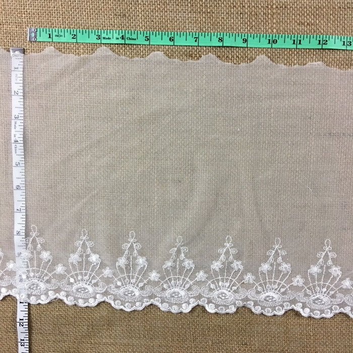 Embroidered Mesh Trim Lace Scalloped Border, 3.5"-10" Wide, Ivory, Multi-Use Garments Gowns Veils Costumes Slip Extender, DIY Sewing, Decoration