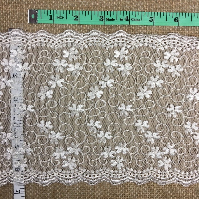 Embroidered Mesh Trim Lace Double Scalloped Border, 6.5" Wide, Ivory, Multi-Use Table Runner Garment Gown Veil Costume Slip Extender, DIY Sewing