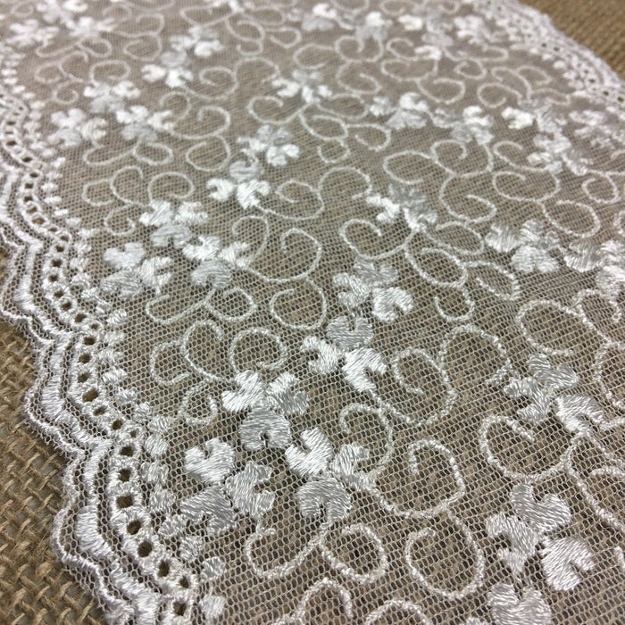 Embroidered Mesh Trim Lace Double Scalloped Border, 6.5" Wide, Ivory, Table Runner Garment Gown Veil Costume Slip Extender, DIY Sewing ⭐