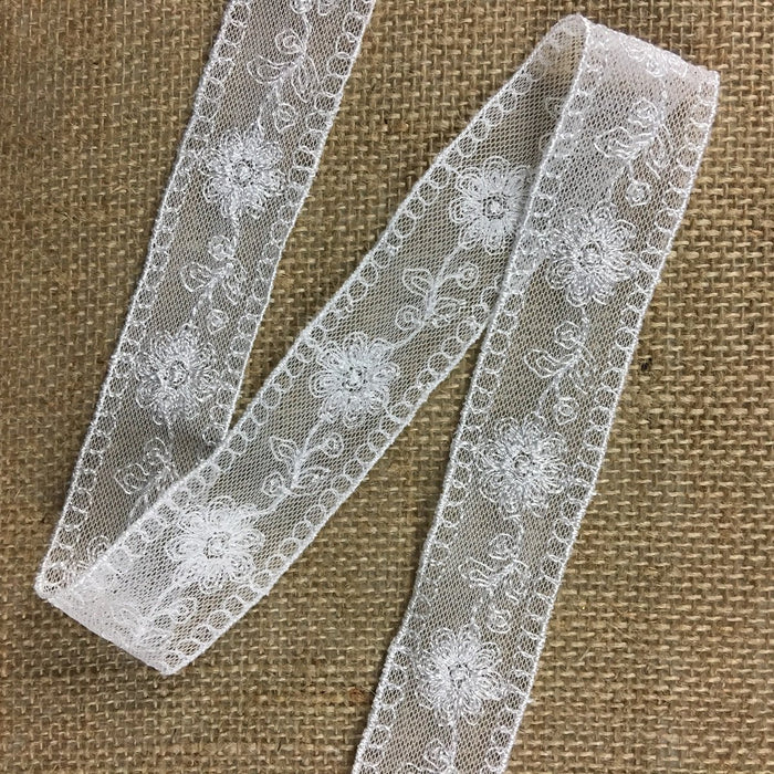 Lace Trim Mesh Embroidered Floral, Double Border Straight Edges 1.5" Wide, Choose Color, Multi-Use Garments Gowns Veils Bridal Communion Christening