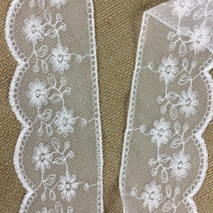 Scalloped Mesh Lace Embroidery Trim, 3.5" Wide, White, Multi-Use Garments Gowns Veils Bridal Communion Christening Slip Extender DIY Sewing