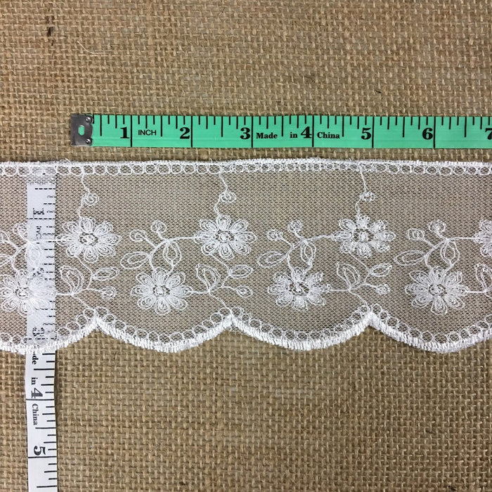 Scalloped Mesh Lace Embroidery Trim, 3.5" Wide, White, Garments Gowns Veils Bridal Communion Christening Slip Extender DIY Sewing ⭐