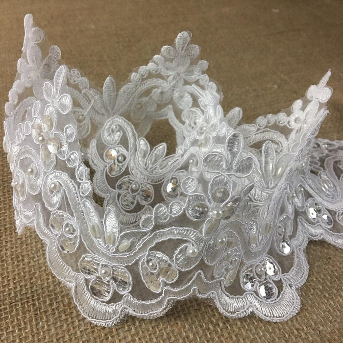 Bridal Veil Lace Trim Classic Wave Scallops Alencon Embroidered Corded Sequined Hand Beaded Organza Ground, 4" Wide, Choose Color, Top Quality