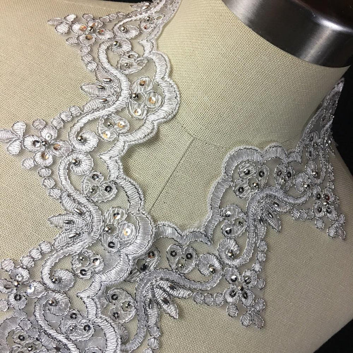 Bridal Veil Lace Trim Classic Wave Scallops Alencon Embroidered Corded Sequined Hand Beaded Organza Ground, 4" Wide, Choose Color, Top Quality